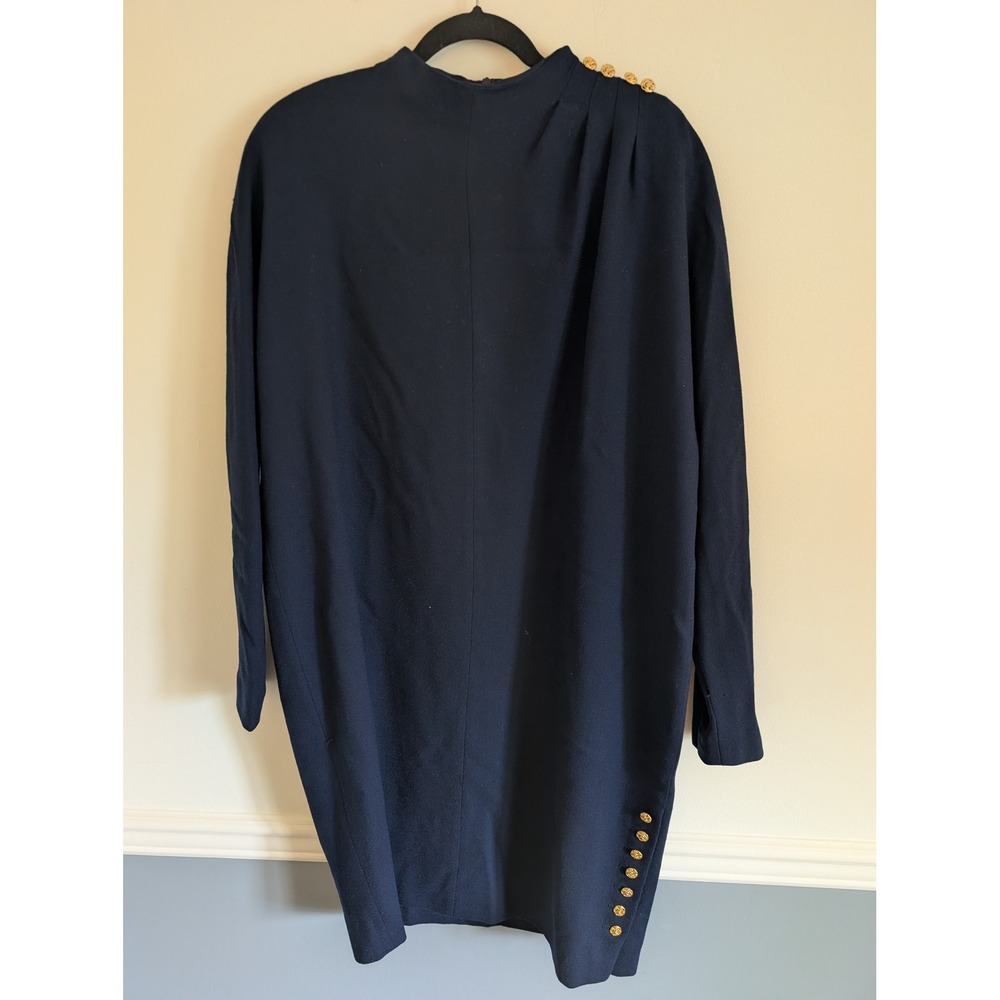 Jones New York Dress Navy 100% Worsted Wool Gold Button Mock Neck Vintage 16